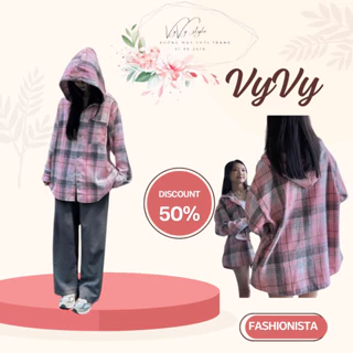 Áo Sơ Mi Kẻ Sọc Flannel Form Rộng Tay Dài Có Mũ Vải Dạ - Áo Khoác Ngoài Chống Nắng Có Nón Cúc Bấm Caro Unisex Nam Nữ