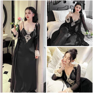 Sét ngủ - mặc nhà váy + choàng Quảng Châu cao cấp tam giác đen