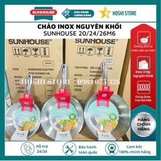 Chảo inox 304 liền khối đa lớp cao cấp SUNHOUSE IN26M6/24M6/20M6, dùng được mọi loại bếp