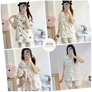 Bộ ngủ nữ đồ mặc nhà cộc đùi chất đũi gân, set pijama hoạ tiết dễ thương