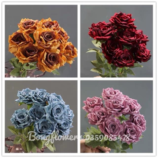 Hoa giả - hoa Hồng giả cụm Hồng gấm 9 bông decor siêu xinh