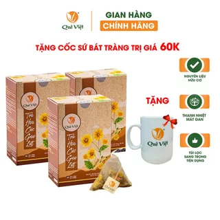 Combo 3 hộp Trà hoa cúc gạo lứt Quê Việt + tặng 1 cốc gốm sứ Bát Tràng - Hộp 600g (20 túi x 30G)