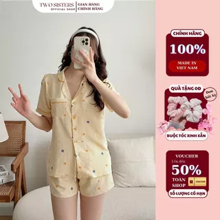 Đồ bộ mặc nhà pijama TWO SISTERS, chất liệu đũi hoạ tiết chấm bi nhiều màu sắc cao cấp M15