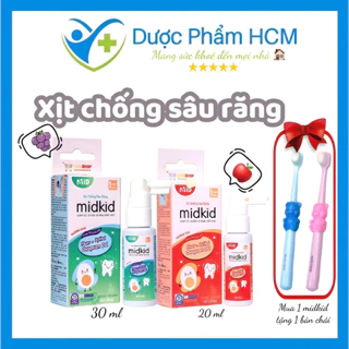 Xịt chống sâu răng Midkid cho bé từ 1 tuổi giúp làm sạch mảng bám ố vàng, bảo vệ men răng, vị ngọt nuốt an toàn