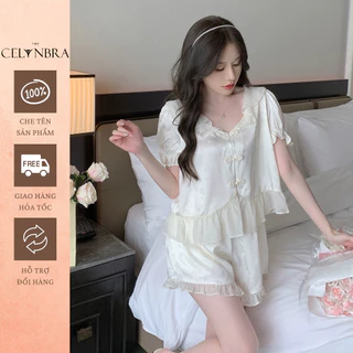 Bộ ngủ Pyjama cổ tàu phối viền ren bèo tiểu thư THE CELYNBRA - B46