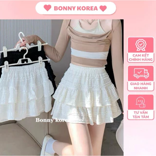 Chân váy mini xòe 2 tầng chất vải gân ren họa tiết có lót trong Ulzzang