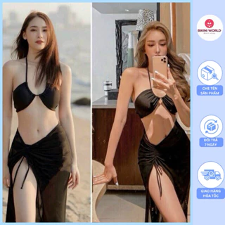 Set 3 món Bikini đồ bơi đi biển áo nơ buộc, quần tam giác, váy rút dây, có thể mặc được nhiều kiểu