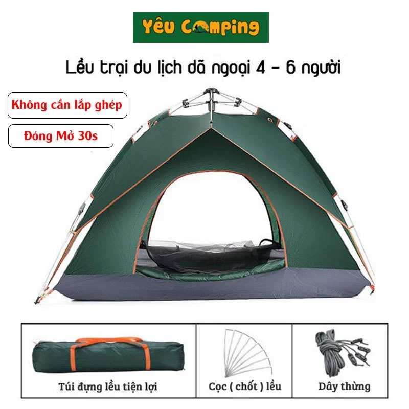 Lều cắm trại tự bung 4 6 người vải chống thấm 2 lớp phủ bạc khung chắc chắc bảo hành 12 tháng