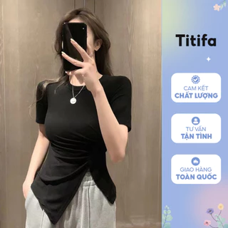 Áo thun nữ tay ngắn xẻ vạt tà lệch nhún eo thời trang, chất vải thun tăm mềm mát - Titifa Shop