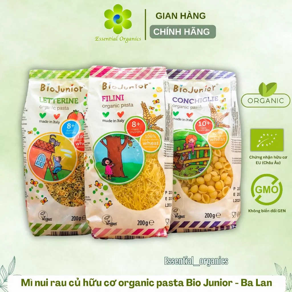 Mì nui ăn dặm hữu cơ cho bé Bio Junior 200g từ 8 tháng tuổi (Hình vỏ sò/ Hình chữ cái/ Hình sợi)