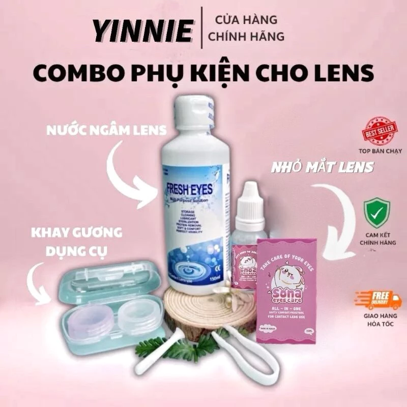 YINNIE [GIÁ SỈ]  COMBO NƯỚC NGÂM + NHỎ MẮT + KHAY LENS ĐẦY ĐỦ DỤNG CỤ HÌNH DỄ THƯƠNG