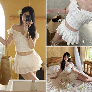 Set đồ nữ 2 chi tiết Áo váy trễ vai ren boi croptop cúp ngực mix chân váy xoè tầng đi biển