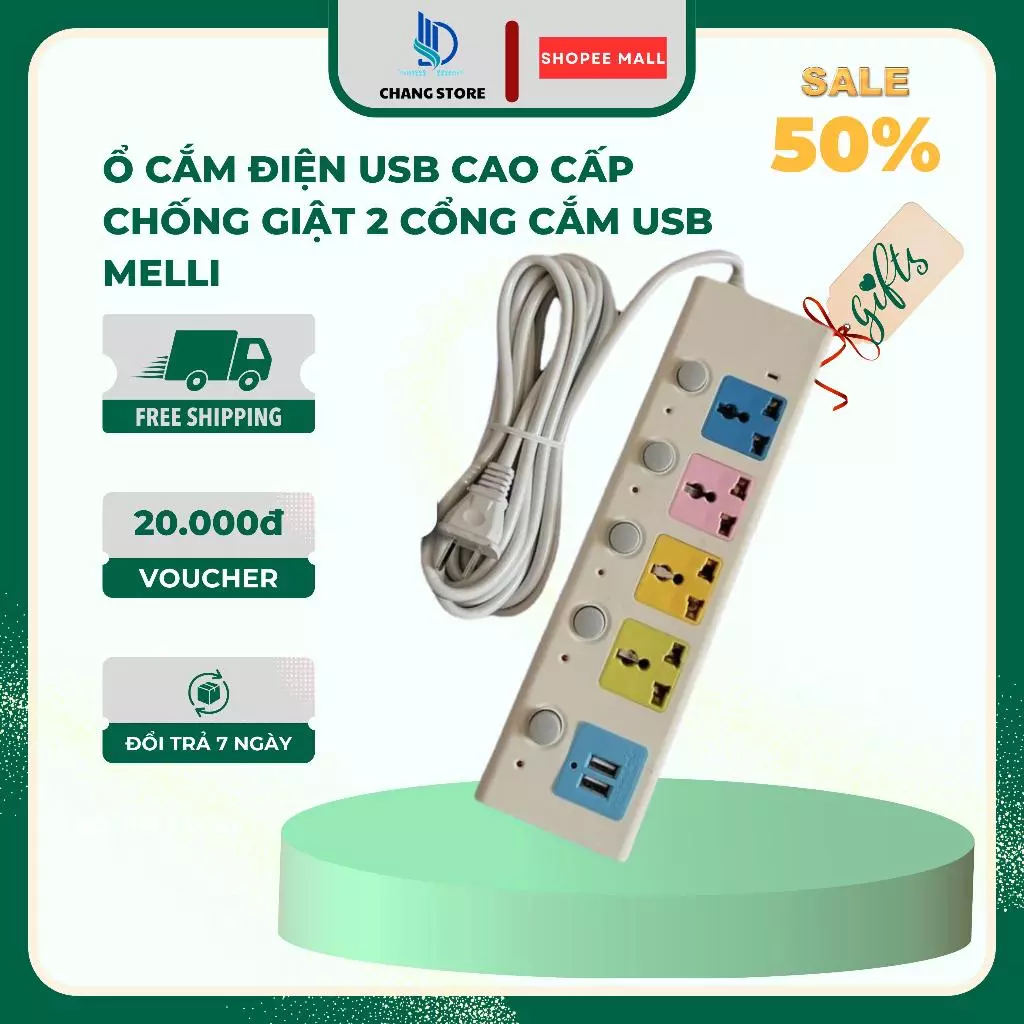 Ổ Cắm Điện USB Cao Cấp Chống Giật 2 Cổng Cắm USB Công Suất 2500W Có Chốt An Toàn Dây 5m Tiện Dụng