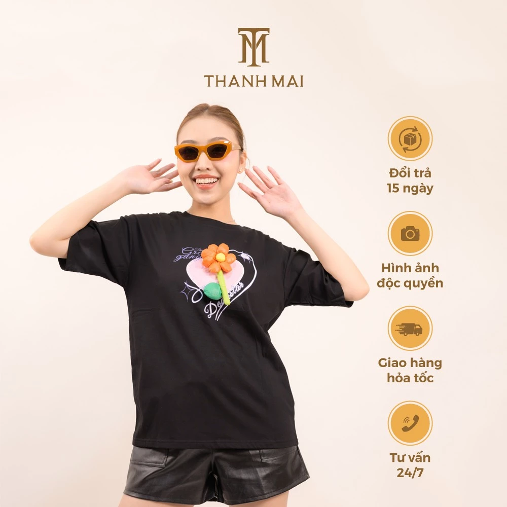 Áo phông nữ tay lỡ form rộng Thanh Mai Fashion, đính hoa chất vải cotton co giãn 4 chiều không xù lông