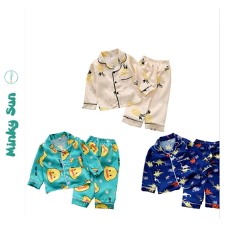 Bộ Pijama Dài Tay In Hình Khủng Long Chất Lụa Satin Cho Bé Trai - Bé Gái Từ 8-27kg Mặc Cực Xinh MINKYSUN