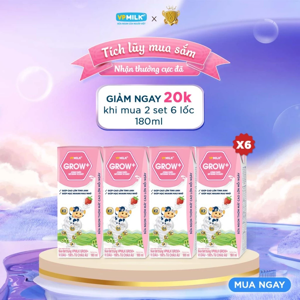 [6 LỐC TỔNG 24 HỘP x 180ml] Sữa VPMIlk Grow+ DÂU dinh dưỡng hỗ trợ bé phát triển toàn diện