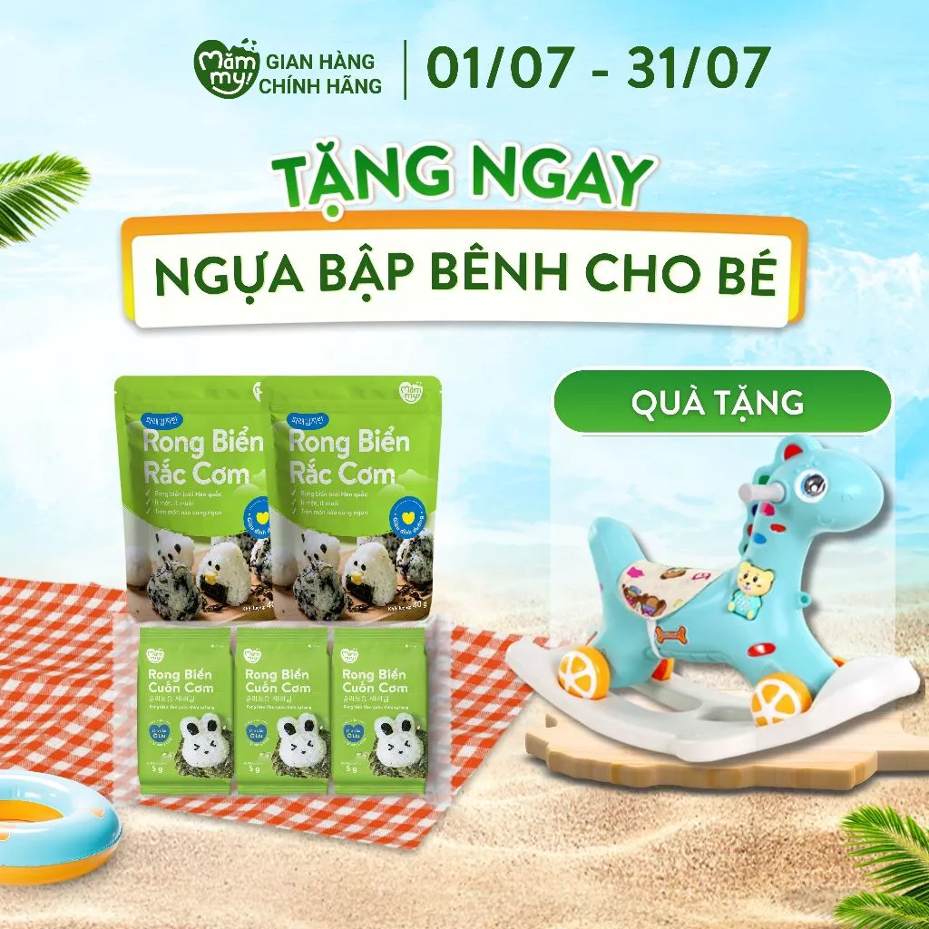 Combo ăn vặt giàu dinh dưỡng Mămmy gồm 2 gói rong biển rắc cơm, 3 gói rong biển cuộn cơm ít mặn, phù hợp với bé 6 tháng