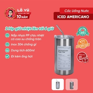 Cốc Uống Nước Iced Americano Inox 304, Có Ống Hút Ly Uống Coffee 600ML, Bình đựng nước giữ nhiệt inox 304 (Ảnh Thật)