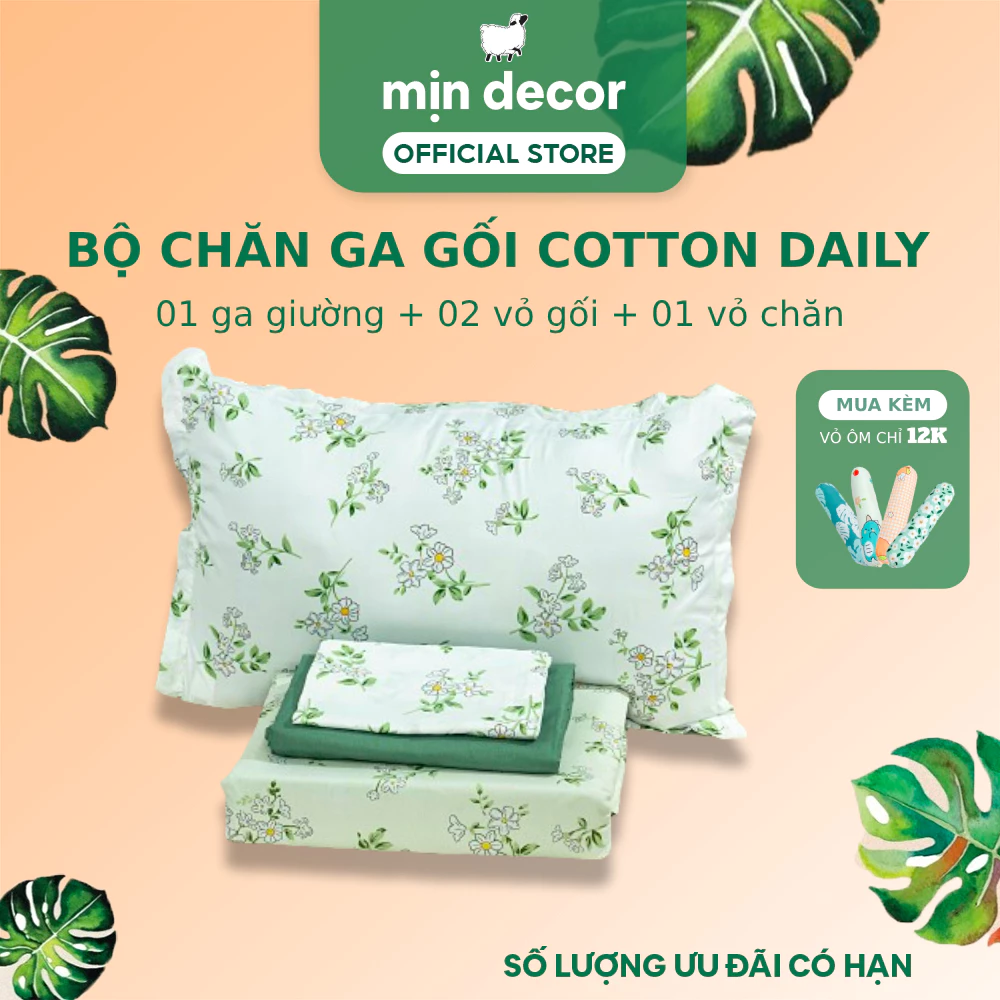 Bộ Chăn Ga Gối Cotton Poly 3D Mịn Decor, Ga Nệm Cotton Poly Trang Trí Phòng Ngủ - Hoạ Tiết Hoa Lá, Dễ Thương