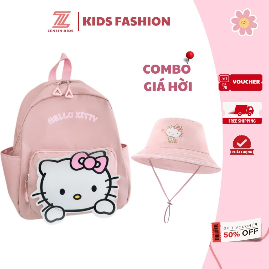 Combo Mũ Balo cho bé 3 đến 5 tuổi đi học,Mũ Bucket hoạ tiết kuromi hellokitty Cinnamoroll phong cách Hàn Quốc