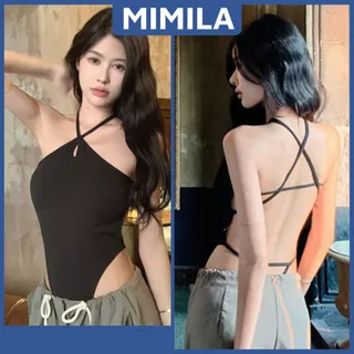 Áo Bodysuit MIMILA Thiết Kế Cổ Yếm CÓ MÚT Phối Dây Đan Sau Lưng Sexy Áo Liền Thân Hở Lưng Chất Thun Gân Co Giãn - MBS015