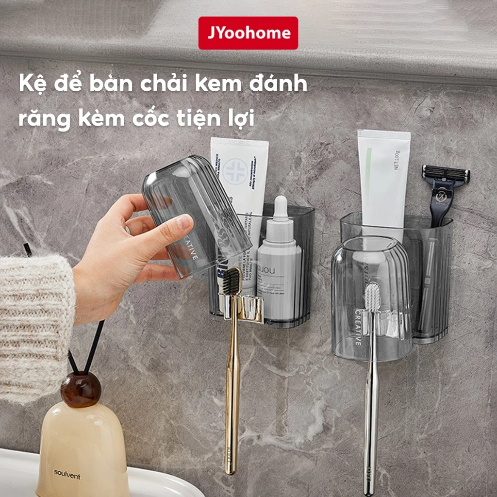 Kệ để bàn chải kem đánh răng kèm cốc dán tường JYoohome Bộ cốc giá để bàn chải trong suốt Acrylic