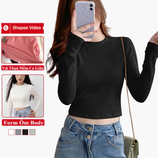 Áo Thun Croptop Nữ Dài Tay Madela Cổ Tròn Trơn Ôm Dáng, Croptop Nữ Ôm Body Dài Tay Phong Cách Hàn Quốc