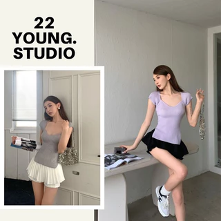 @22YOUNG.STUDIO - Áo thun len tăm cổ vuông ngắn tay Korea hàng QCCC