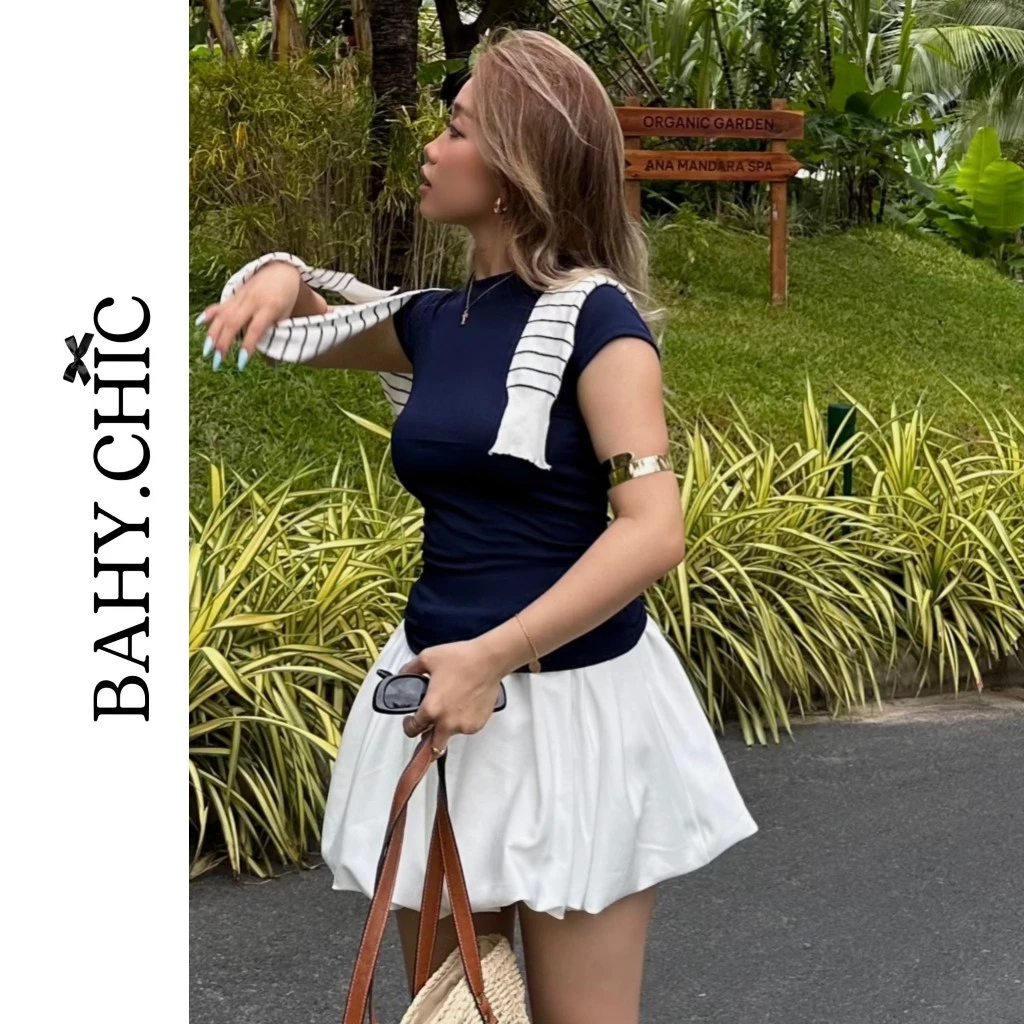 ( BUBBLE SKIRT) Chân váy bí SIÊU PHỒNG - áo thun trơn tay ngắn xanh than, phong cách Âu Mỹ tối giản | BAHYCHIC