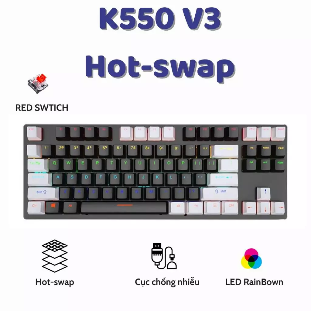 Bàn phím cơ Gaming Ziyou K550 Red swtich Switch TKL 87 phím, 10 chế độ Led, chống nước