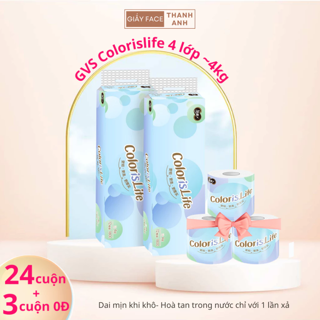 Giấy vệ sinh Face Color 4 lớp tan mịn không gây tắc bồn cầu, gvs cuộn, giấy vệ sinh face gvs topgia