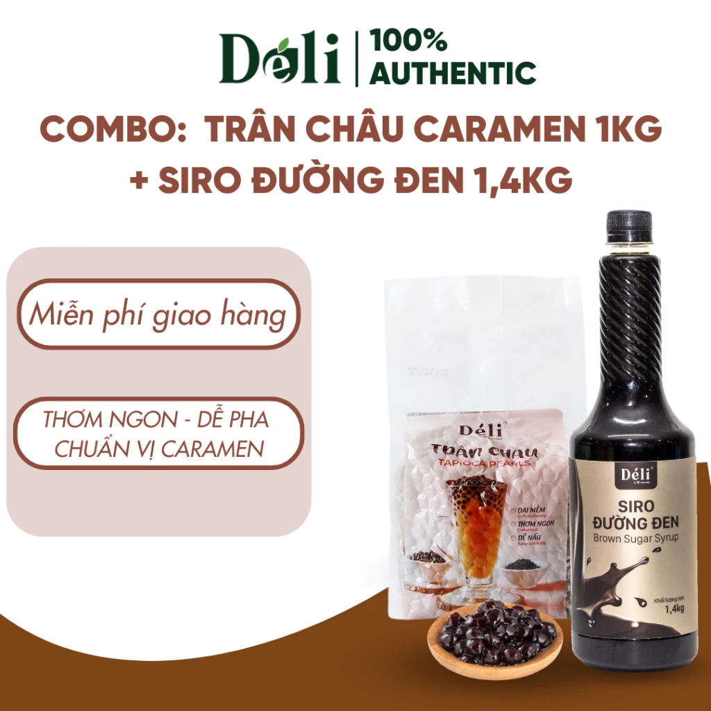 Combo Trân Châu Caramel 1kg + Siro Đường Đen 1L Déli