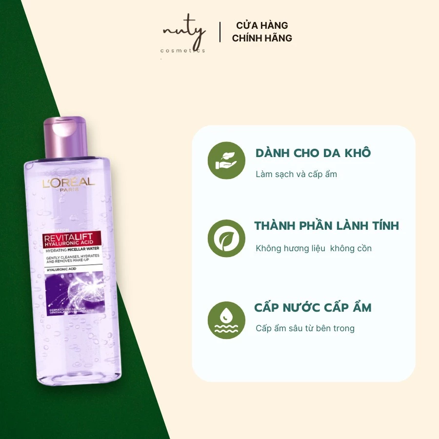 Nước tẩy trang L'Oreal Paris Hyaluronic Acid 1.5% - Cấp ẩm và làm căng mịn da 400ml