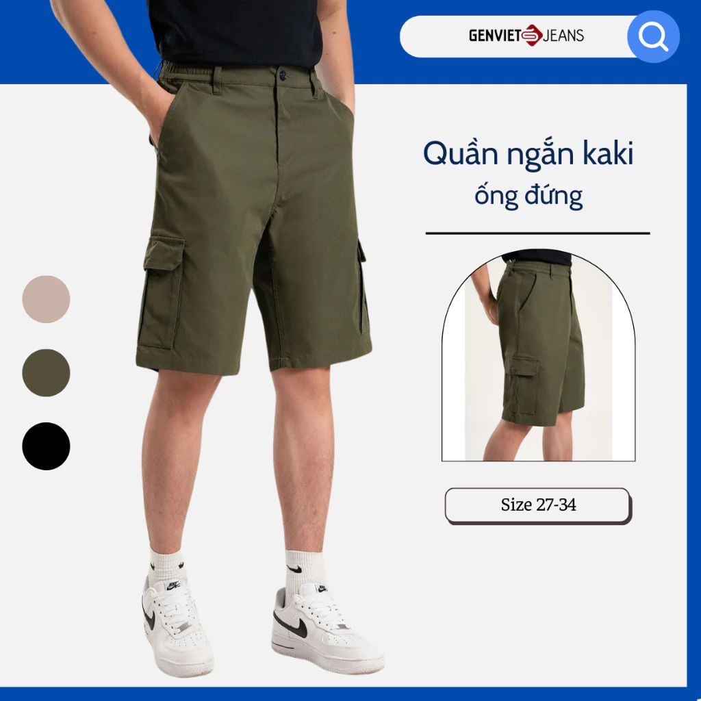 Quần short kaki nam GENVIET JEANS cao cấp, vải cotton thoáng mát, co dãn nhẹ nhàng T1309K8210