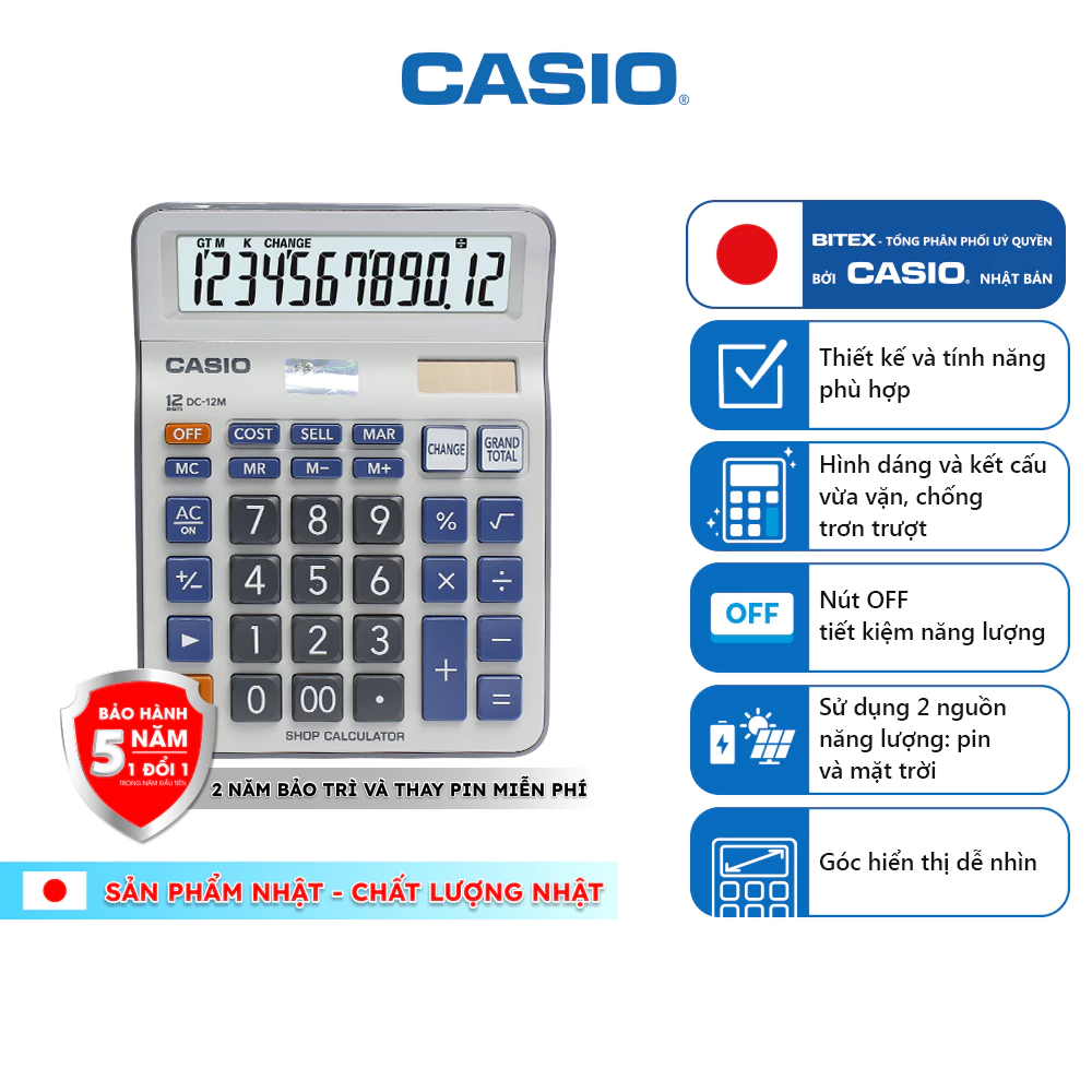 Máy Tính Casio DC-12M (12 Số) Chính Hãng - Chuyên Dụng Cho Cửa Hàng, Tính Lãi/Tiền Thối Cực Nhanh