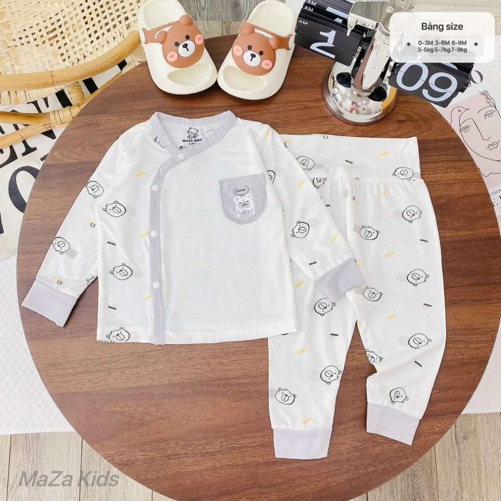 BD18. Bộ Quần Áo Sơ Sinh Dài Tay Cạp Cao, Có Túi, Chất Liệu Petit Mềm Mịn Co Giãn 4 Chiều