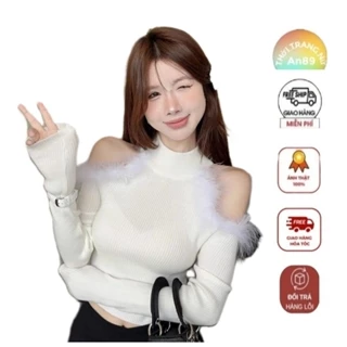 Áo sweater dệt kim tay dài cổ lọ khoét vai lông nhập qccc thời trang Nữ dưới 57kg Shop An89