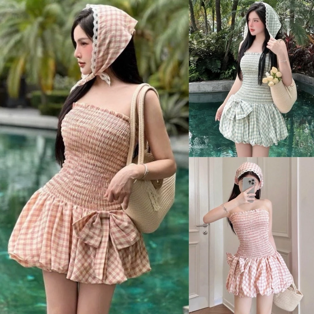 SET váy đầm chun ôm dáng bí phồng họa tiết caro đính nơ rời kèm khăn siêu xinh mặc đi biển hottrend B700 SUTANO