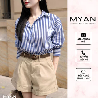 Áo sơ mi xanh than kẻ vai rơi form rộng MYAN DESIGN Avn032435