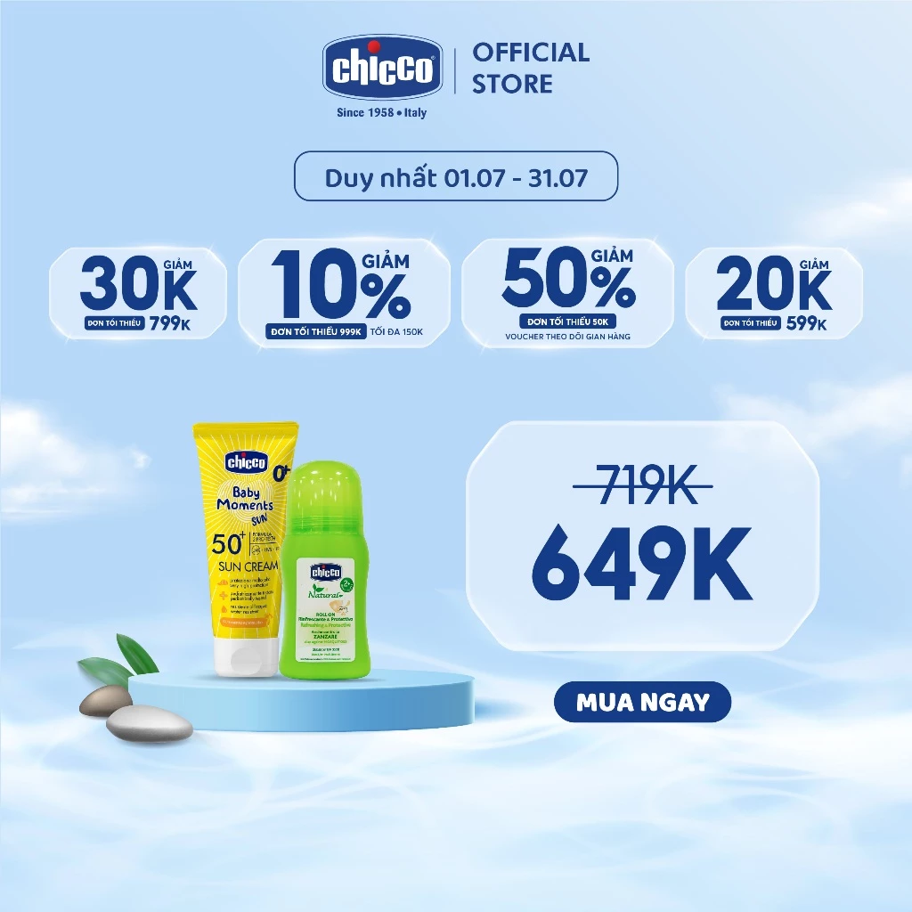 (Tặng túi đựng) Combo 1 Kem chống nắng 3 tác động SPF 50+ Chicco + 1 Lăn đa năng xua muỗi Chicco 60ml