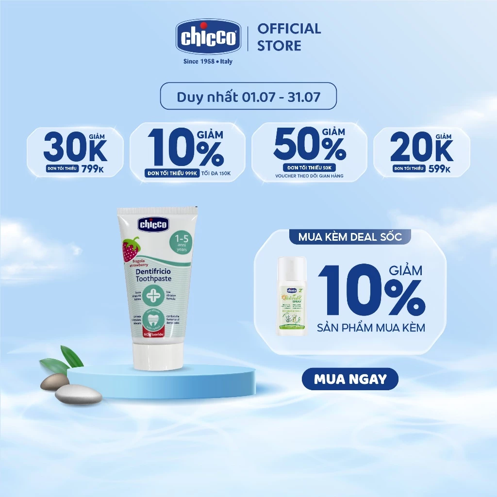 (DUY NHẤT T7 - MUA KÈM DEAL SỐC) Kem đánh răng hương Dâu Chicco 50ml dành cho bé 12m+