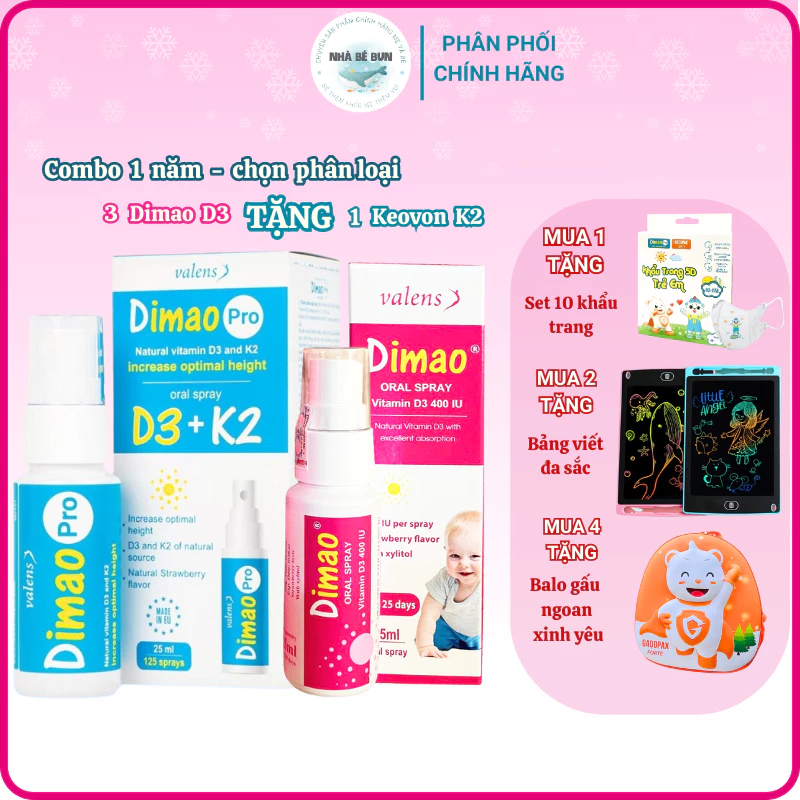 Dimao pro D3k2 - Keovon Spray Vitamin K2 MK7 Hỗ Trợ Tăng Chiều Cao Cho Trẻ, Hỗ Trợ Xương Chắc Khỏe (Chai 25m