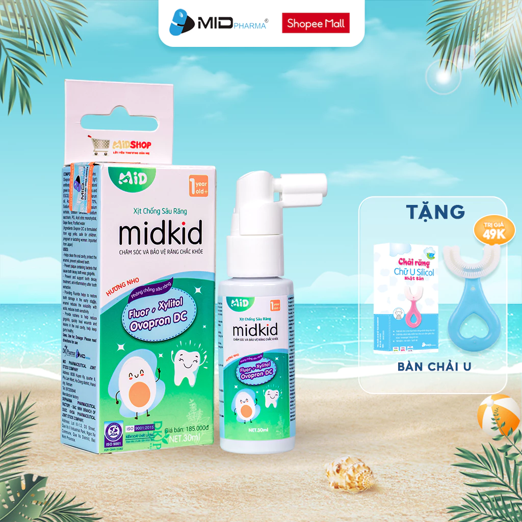 Xịt chống sâu răng Midkid cho bé từ 1 tuổi giúp làm sạch và bảo vệ men răng vị nho 30ml nuốt an toàn