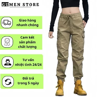 Quần Jogger nữ túi hộp GUMEN vải kaki co dãn dày dặn lưng thun sau khoá kéo phom chuẩn