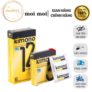 Bao cao su Kimono siêu mỏng 0.02mm màu vàng chứa vitamin B cấp ẩm bôi trơn hộp 12 chiếc