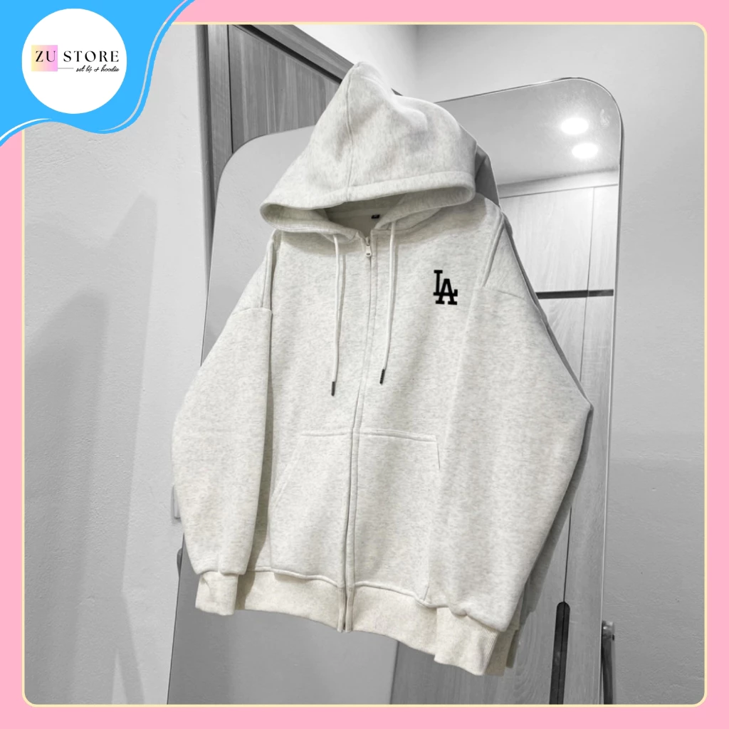 Áo hoodie ZIP nam nữ chất Nỉ Form rộng Unisex Basic Họa Tiết in nổi LA sắc Nét phong cách hàn quốc