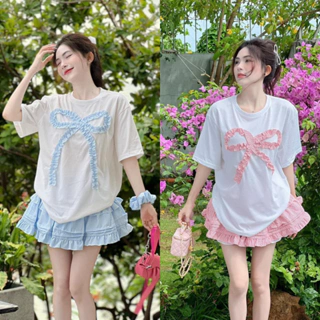 Set đồ nữ - Áo cotton nữ cổ tròn nơ ngực mix chân váy xòe tầng kèm nơ tóc phong cách tiểu thư