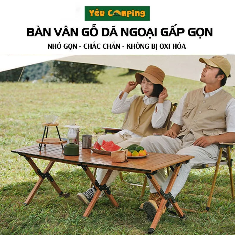 Bàn dã ngoại cắm trại cao cấp vân gỗ, kích thước cực lớn 118*60*45cm