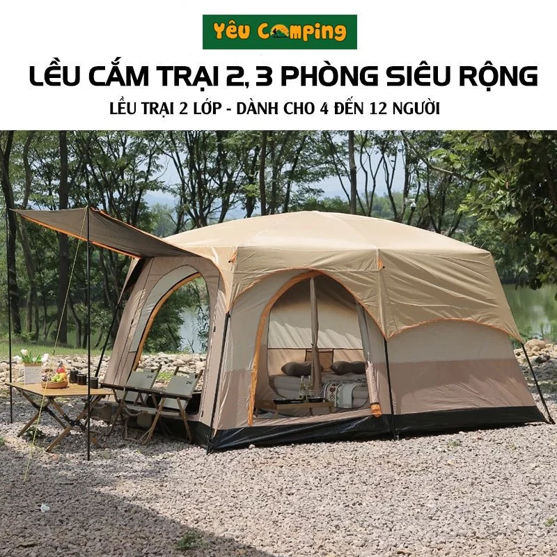 Lều Cắm Trại Camping 2 Phòng 3 Phòng cho 4-12 người 2 Lớp rộng thoáng Chống gió chống Côn Trùng