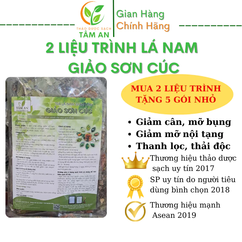 Combo 2 liệu trình lá nam 10 vị Giảo Sơn Cúc Tâm An chính hãng, giảm cân, giảm mỡ tặng 5 gói nhỏ